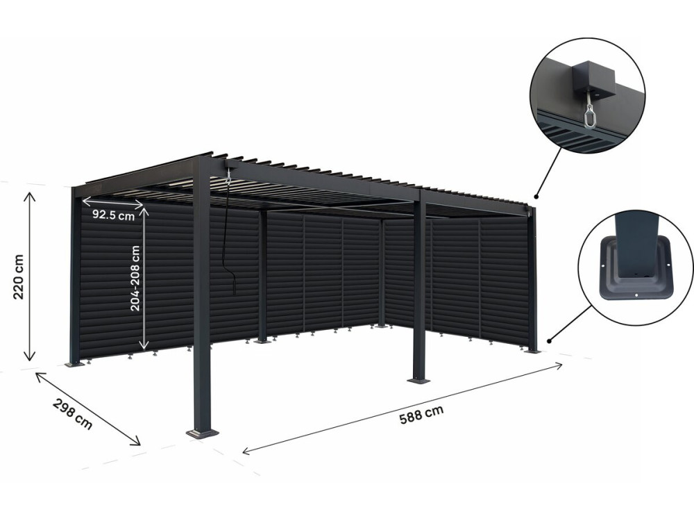 Pérgola bioclimática con 9 lamas de aluminio «Kensington» - 3 x 6 m - Gris