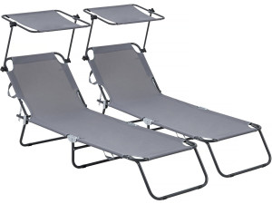 Conjunto de 2 tumbonas plegables "Lazy" - Con sombrilla - Gris
