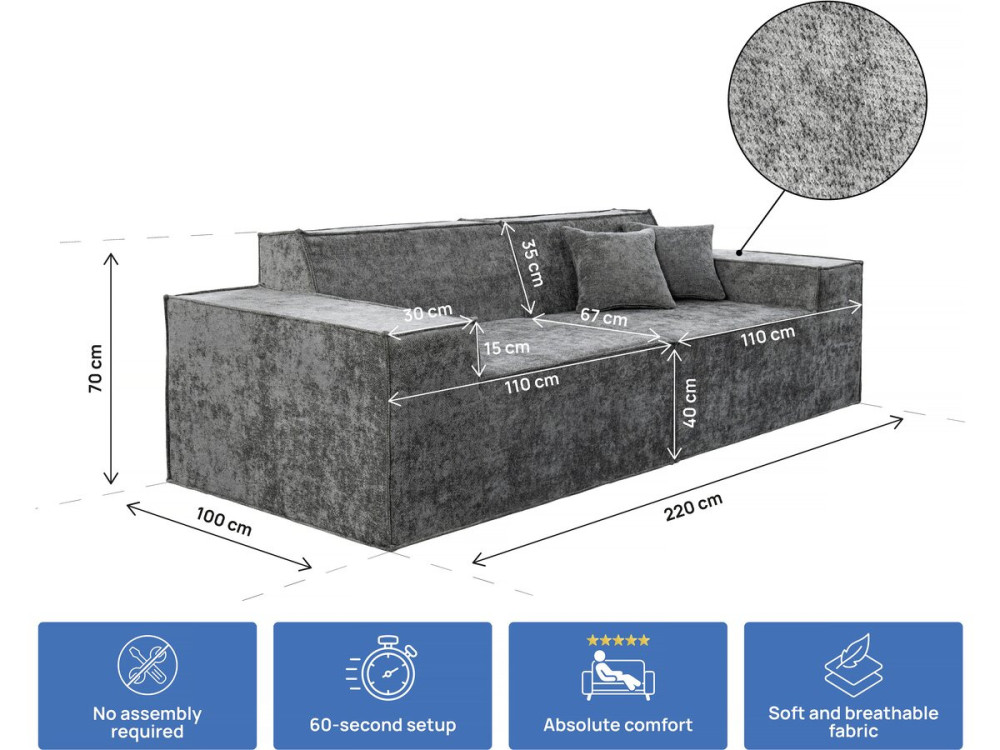 Sofá modular recto de 3 plazas en tejido texturizado "Lusso" - Gris
