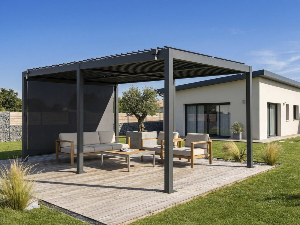 Pérgola bioclimática "Kensington" con toldo de aluminio - 3 x 5 m - Gris