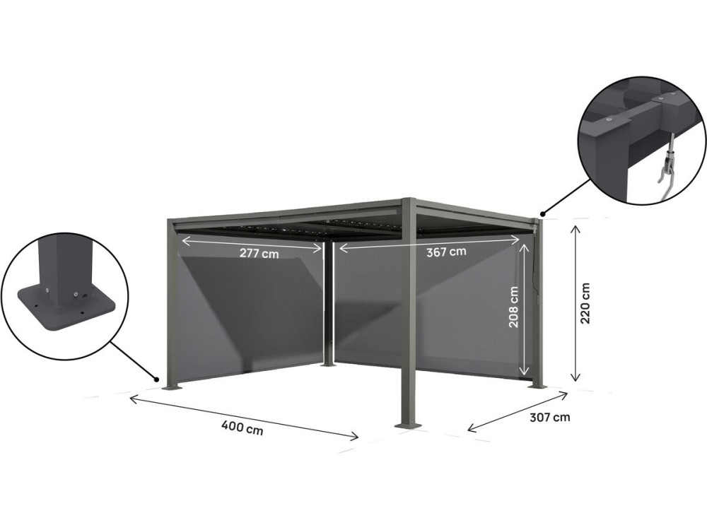 Pérgola bioclimática "Howard" con 2 toldos de acero galvanizado - 3 x 4 m - Gris