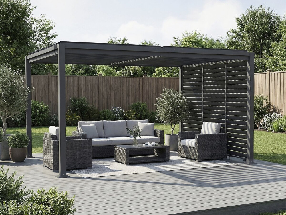 Pérgola bioclimática "Howard" con 3 lamas de acero galvanizado - 3 x 4 m - Gris