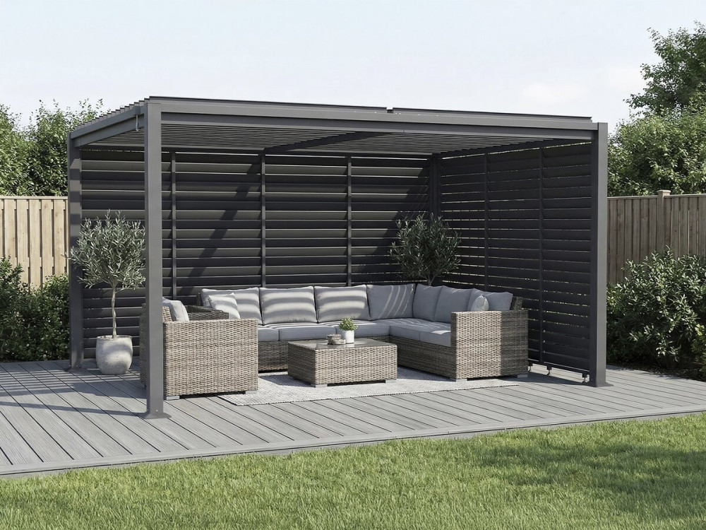 Pérgola bioclimática "Howard" con 7 lamas de acero galvanizado - 3 x 4 m - Gris
