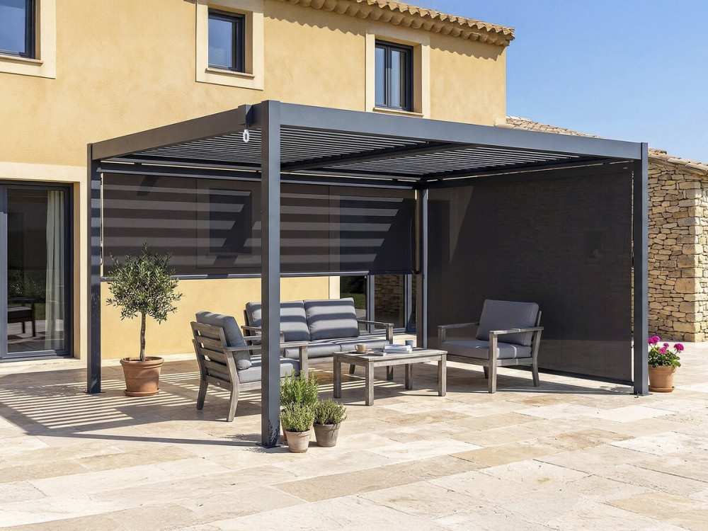 Pérgola bioclimática con 2 toldos de aluminio "Windsor" - 3 x 4 m - Gris