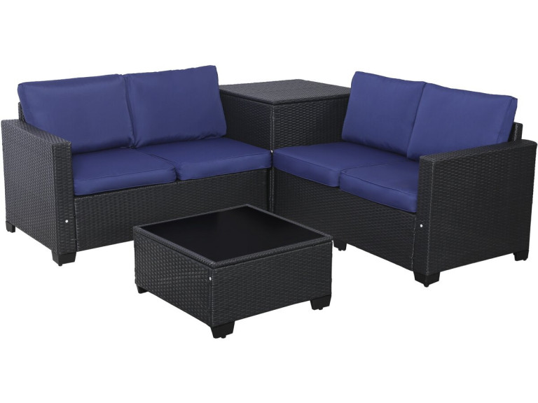 Conjunto de muebles de jardín de resina tejida "Riley" con caja de almacenaje - 4 plazas - Azul oscuro