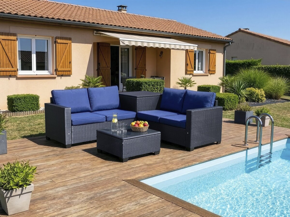 Conjunto de muebles de jardín de resina tejida "Riley" con caja de almacenaje - 4 plazas - Azul oscuro