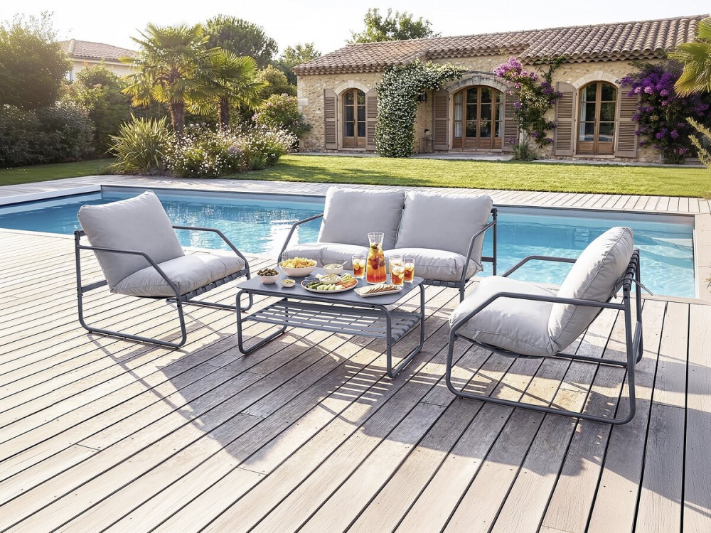 Conjunto de muebles de jardín de metal "Sora" con cojines - 4 plazas - Gris