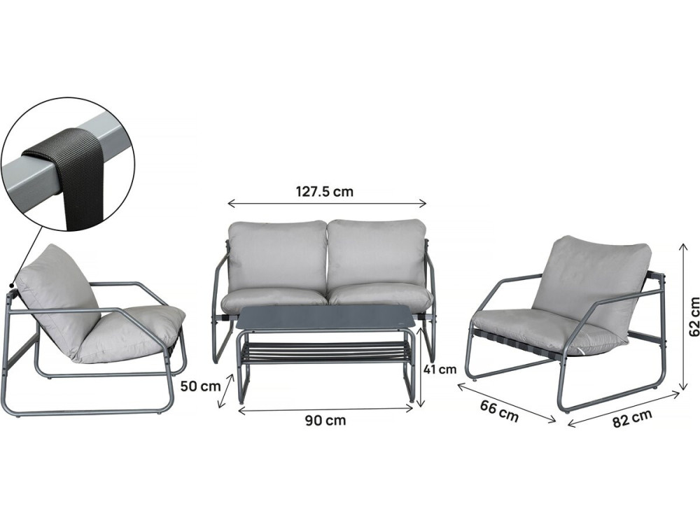 Conjunto de muebles de jardín de metal "Sora" con cojines - 4 plazas - Gris