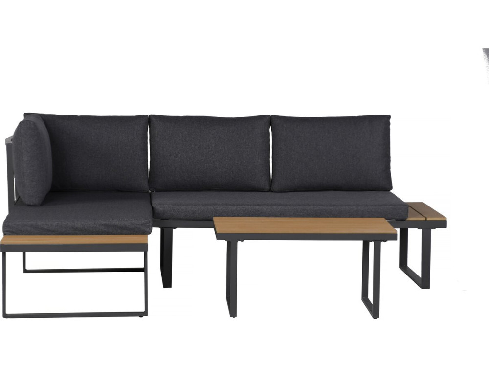 Conjunto de muebles de jardín, sofá esquinero de imitación madera "Liora" - 4 plazas - Gris