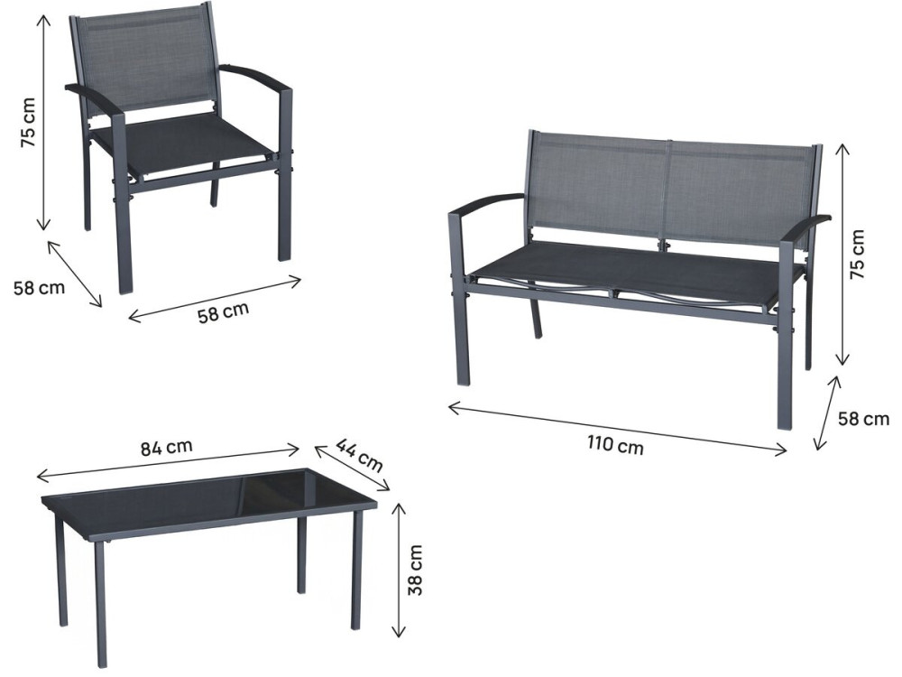 Conjunto de muebles de jardín de metal "Lino II" - 4 plazas - Negro
