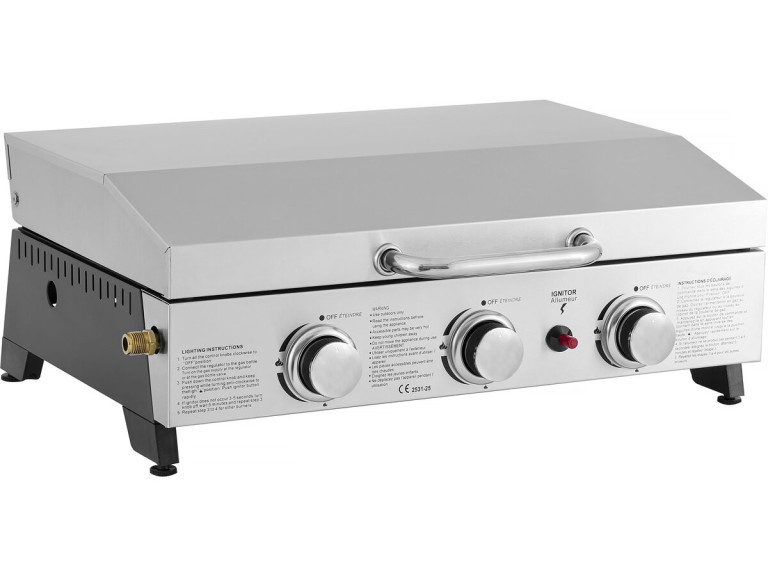 Plancha de asar a gas con 3 quemadores y tapa metálica "Fasto" - 7,5 kw - Gris