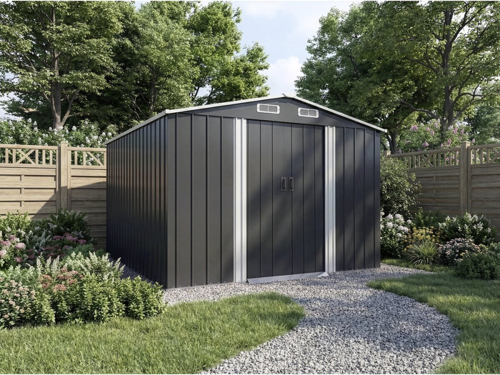 Caseta de jardín metálica "Boston" con puerta corredera - 8 m² - Gris