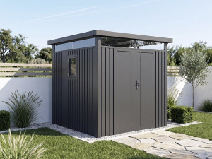 Caseta de jardín de metal de alta gama con techo plano y puerta batiente «Lexinton» - 5,29 m² - Gris 2