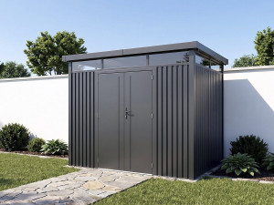 Caseta de jardín de metal de alta gama con techo plano y puerta batiente «Lexinton» - 6,76 m² - Gris 2