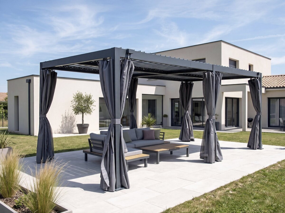 Pérgola bioclimática de aluminio con cortina y mosquitera "Kensington" - 3 x 5 m - Gris