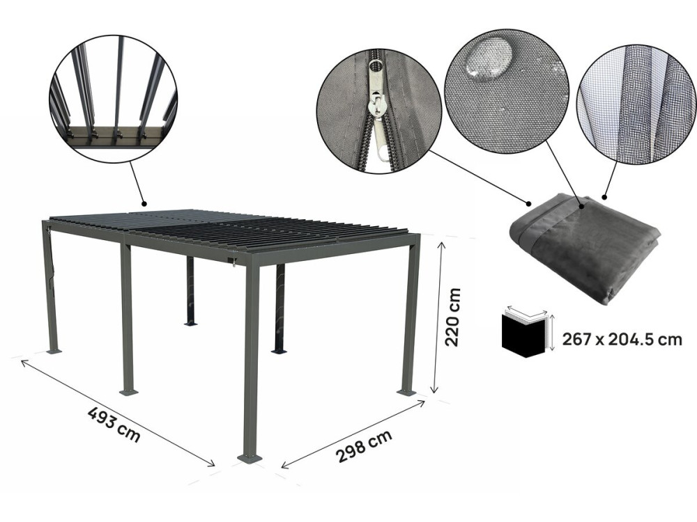 Pérgola bioclimática de aluminio con cortina y mosquitera "Kensington" - 3 x 5 m - Gris
