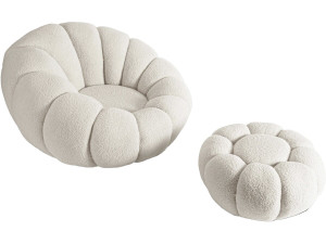 Sillón "Élysée" estilo burbuja con puf en tejido bouclette - Crema