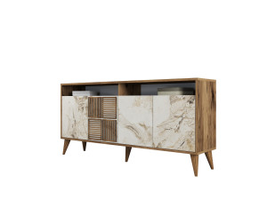 Aparador de madera "Milan" - 160 x 35 x 78 cm - Nogal, Mármol blanco