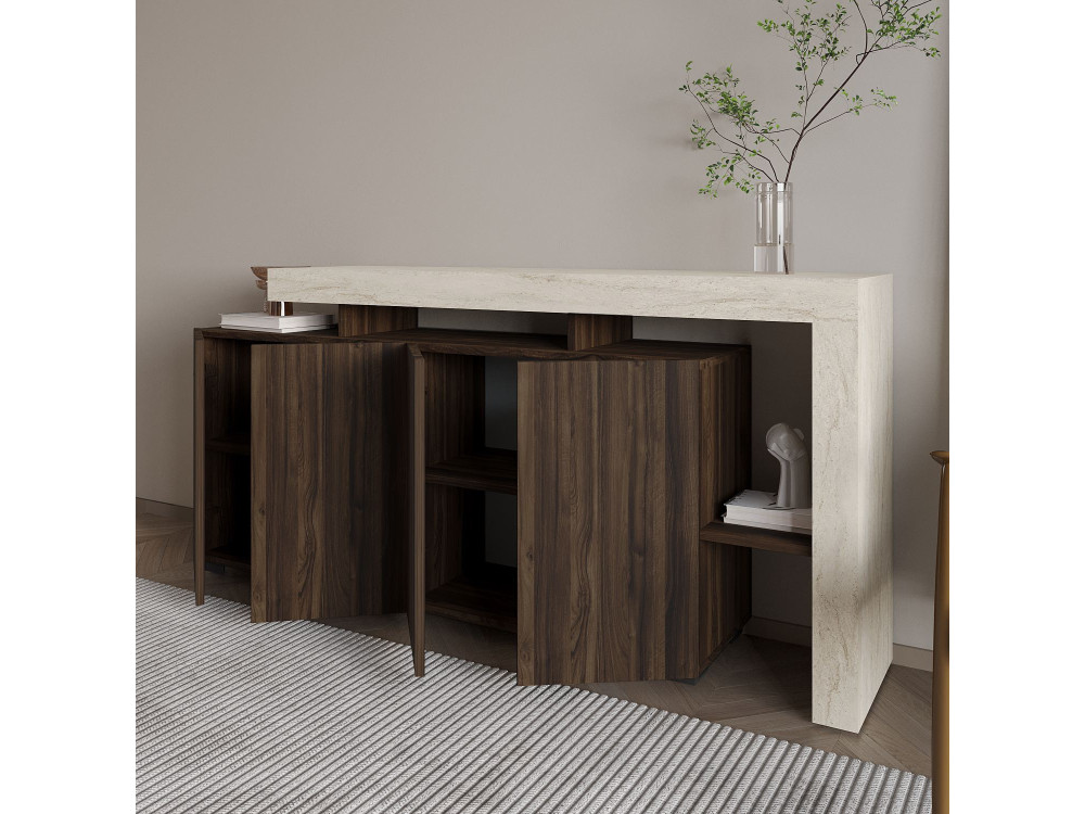 Aparador de madera "Beliz" - 170 x 35 x 80 cm - Travertino / Nogal