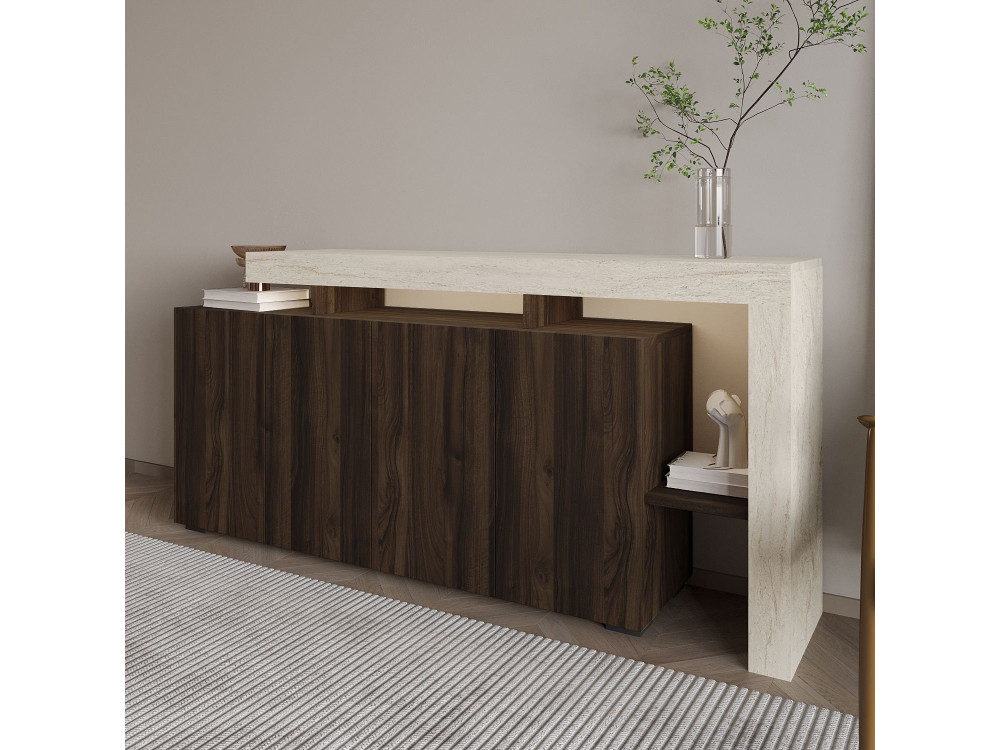 Aparador de madera "Beliz" - 170 x 35 x 80 cm - Travertino / Nogal