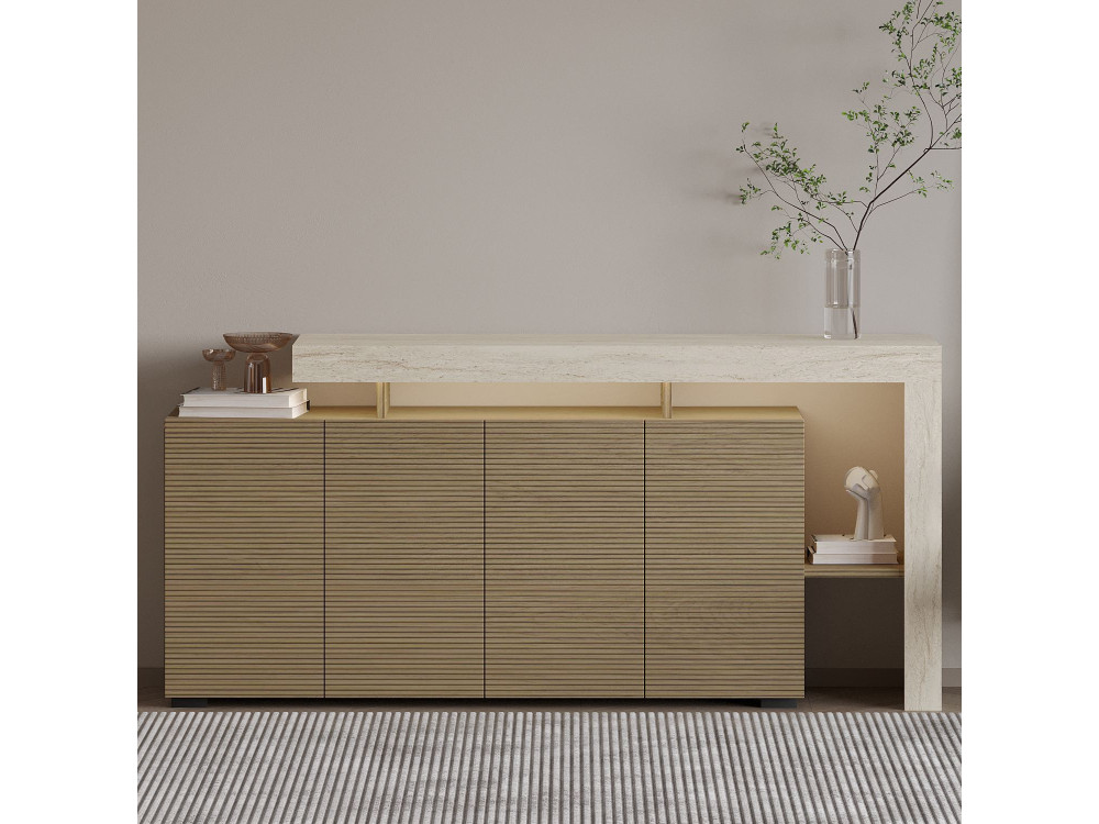 Aparador de madera "Beliz" - 170 x 35 x 80 cm - Travertino / Roble Cálido