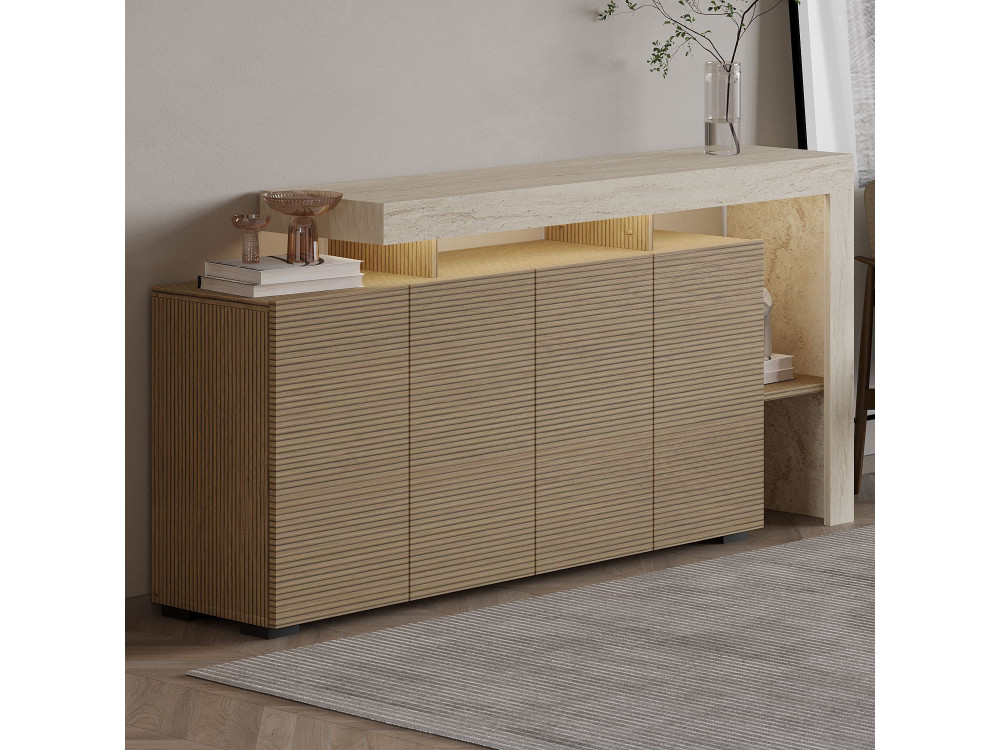 Aparador de madera "Beliz" - 170 x 35 x 80 cm - Travertino / Roble Cálido