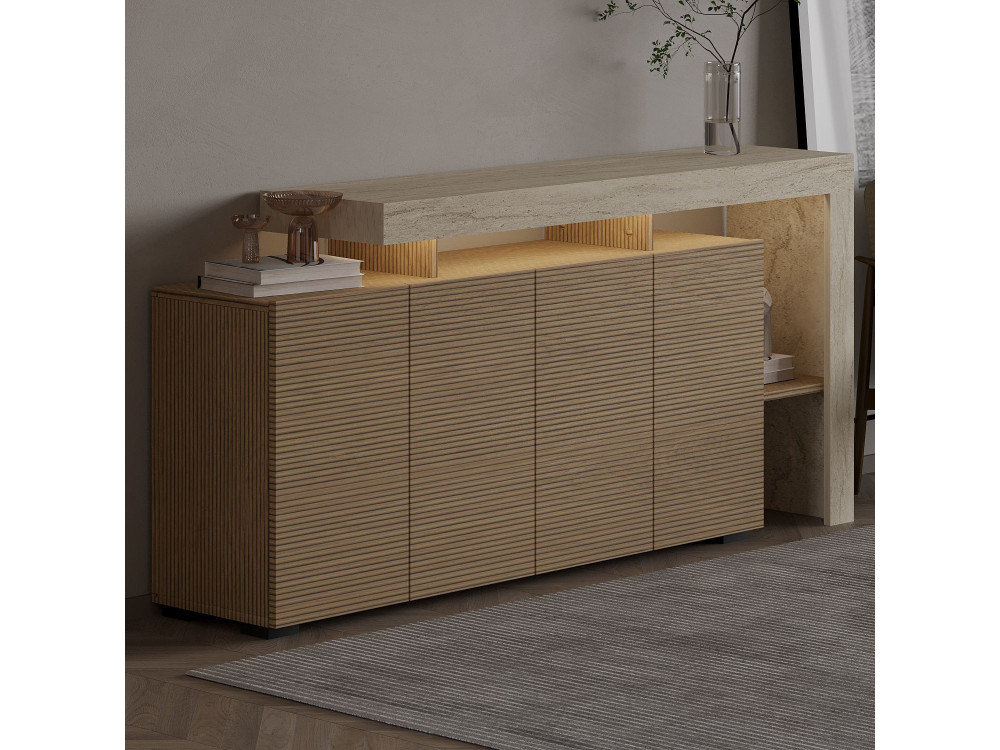 Aparador de madera "Beliz" - 170 x 35 x 80 cm - Travertino / Roble Cálido