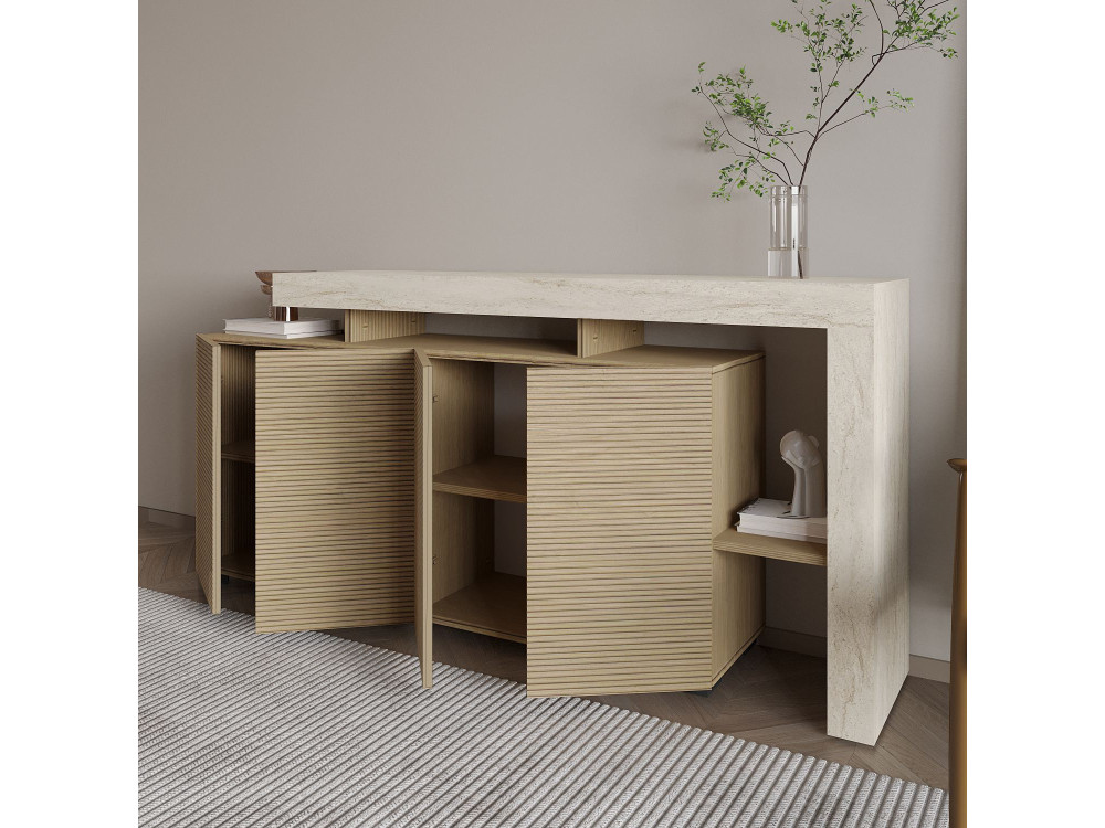 Aparador de madera "Beliz" - 170 x 35 x 80 cm - Travertino / Roble Cálido