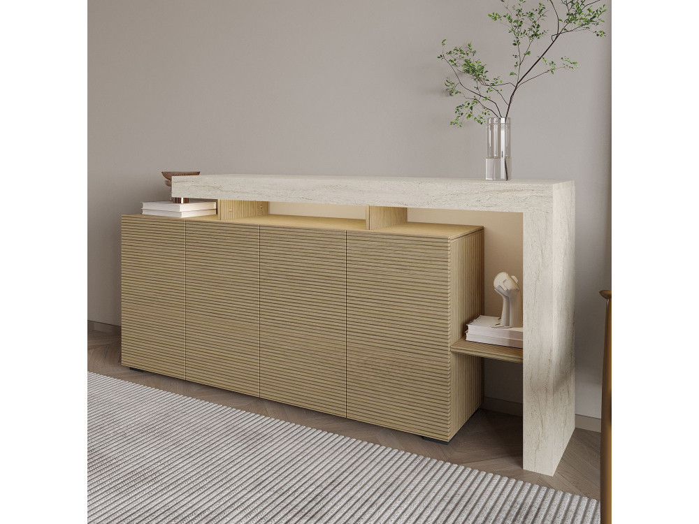 Aparador de madera "Beliz" - 170 x 35 x 80 cm - Travertino / Roble Cálido
