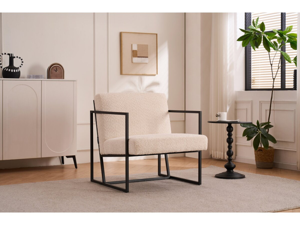Sillón de metal "Kennedy" con tela bouclette - 73. 5 x 75.5 x 81 cm - Crema
