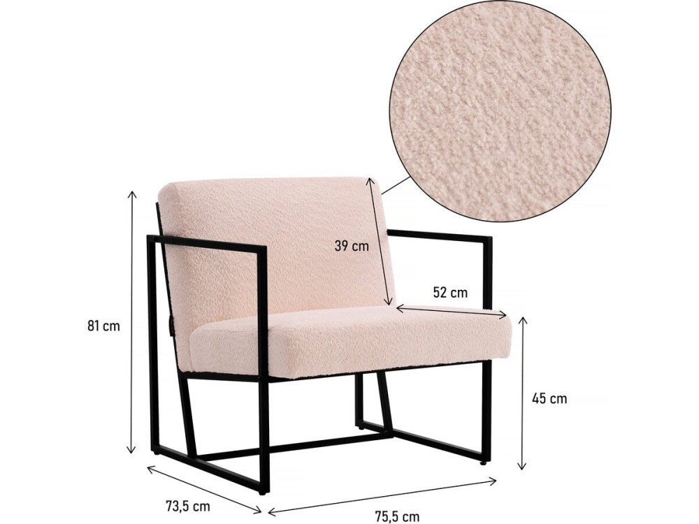 Sillón de metal "Kennedy" con tela bouclette - 73. 5 x 75.5 x 81 cm - Crema