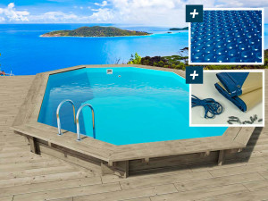 Piscina de madera "Miami" - 4,86 x 3,36 x 1,20 m + cubierta de burbujas de 180 µ + cubierta de invierno de 280 gr/m²