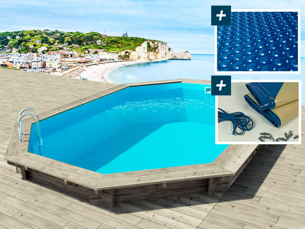 Piscina de madera " Brazilia " 5,86 x 3,86 x 1,20 m - Cubierta con burbujas 180 µ - Cubierta de invierno 280 g/m².