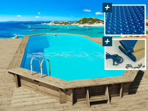Piscina de madera " Palma " - 7,57 x 4,07 x 1,31 m + cubierta de burbujas de 180 µ + cubierta de invierno de 280 gr/m²