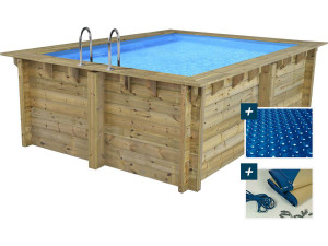Piscina rectangular de madera "Caimans 140" - 4,10 x 3,00 x 1,39 m + cubierta de burbujas de 180 µ - lona de invierno de 280 g/m