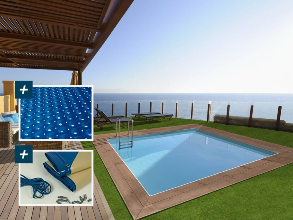 Piscina rectangular de madera "Caimans 140" - 4,10 x 3,00 x 1,39 m + cubierta de burbujas de 180 µ - lona de invierno de 280 g/m