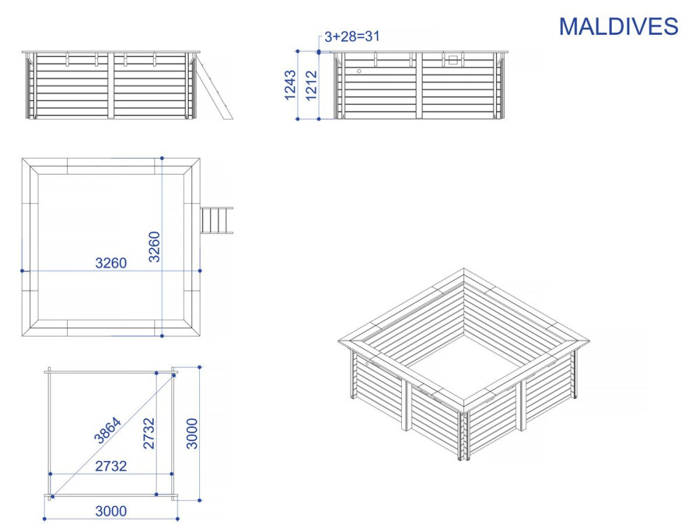 Piscina rectangular de madera "Maldivas" - 3,20 x 3,20 x 1,24 m