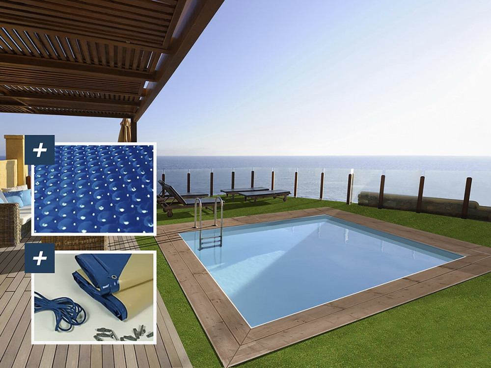 Piscina de madera rectangular "Maldivas" - 3,20 x 3,20 x 1,24 m + cubierta de burbujas de 180 µ - cubierta de invierno de 280 g/