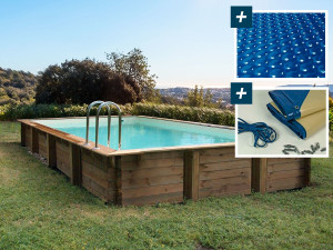 Kit de piscina de madera "Sunrise" - 8,20 x 5,20 x 1,44 m + cubierta de burbujas 400 µ - cubierta de invierno 280 g/m².