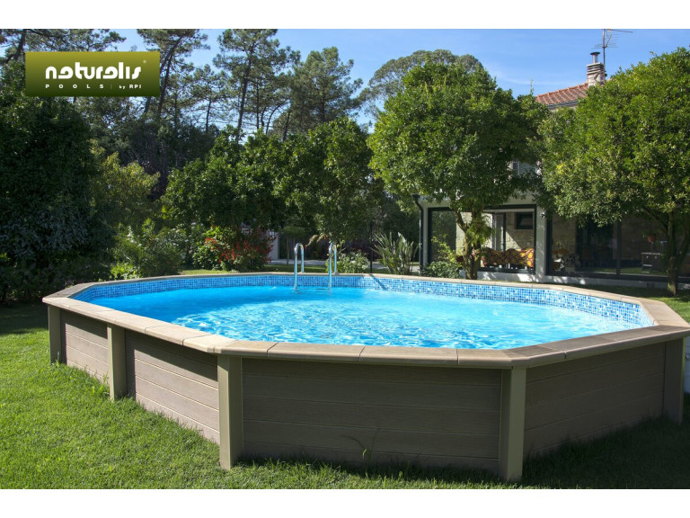 Piscina de hormigón con aspecto de madera en kit decagonal alargado «Naturalis 2» - 6,36 x 4,74 x 1,28 m