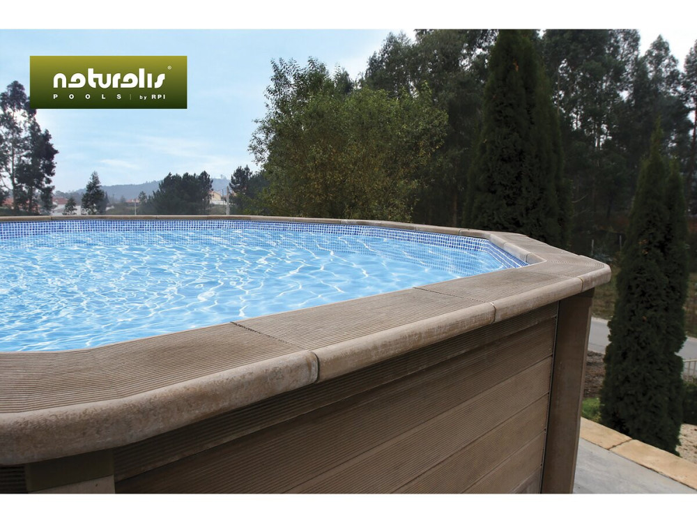 Piscina de hormigón con aspecto de madera en kit decagonal alargado «Naturalis 2» - 6,36 x 4,74 x 1,28 m