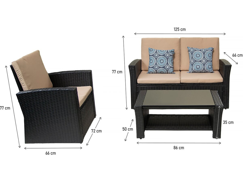 Juego de muebles de jardín "Ilana" - 4 piezas - Mimbre - Negro