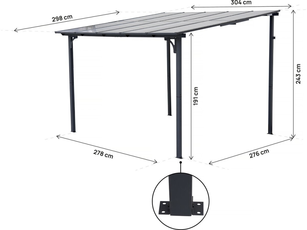 Pérgola adosada "Marvin" - 3 x 3 m - 304 x 298 x 243 cm - Gris oscuro