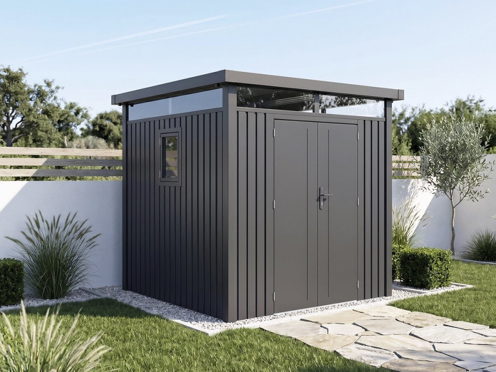 Caseta de jardín de metal de alta gama con techo plano y puerta batiente «Lexinton» - 5,29 m² - Gris
