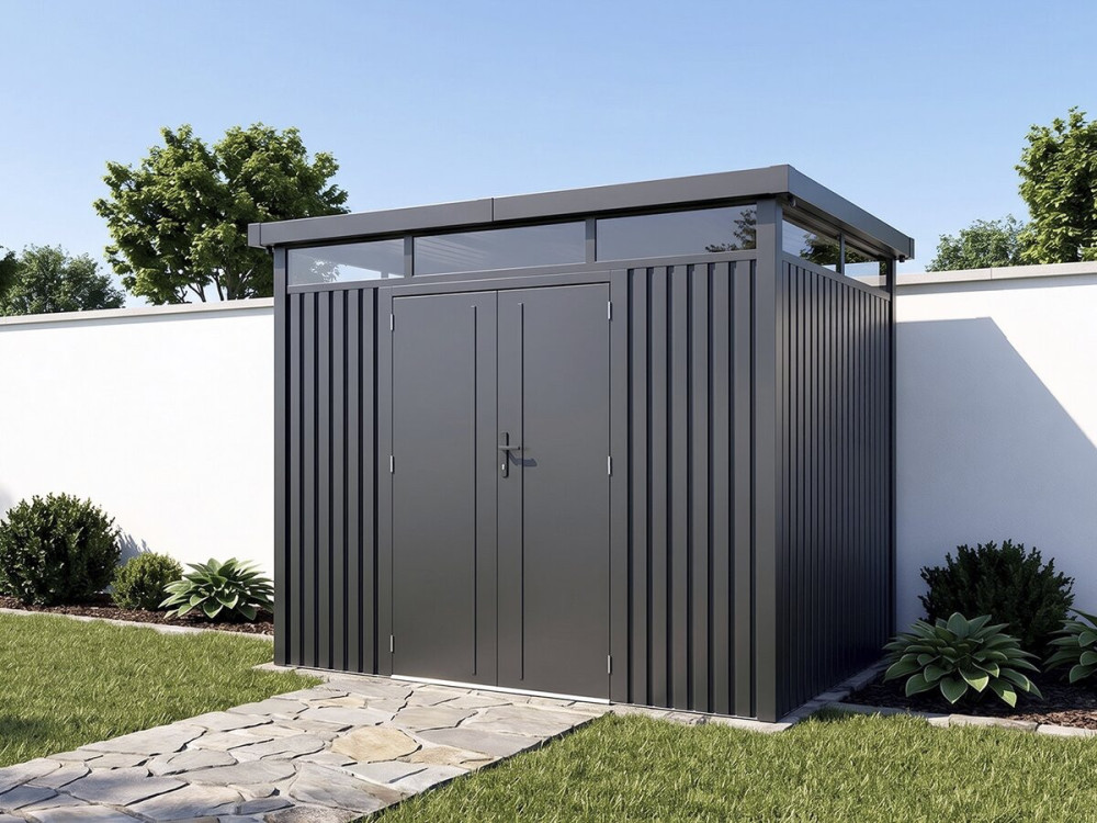 Caseta de jardín de metal de alta gama con techo plano y puerta batiente «Lexinton» - 6,76 m² - Gris