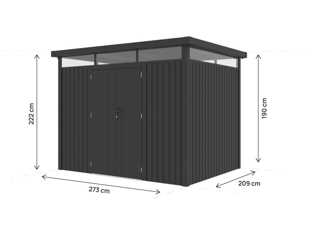 Caseta de jardín de metal de alta gama con techo plano y puerta batiente «Lexinton» - 6,76 m² - Gris