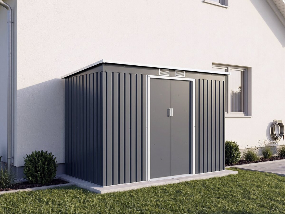 Caseta de jardín de metal con techo a un agua «Orlando» - 3,64 m² - Gris