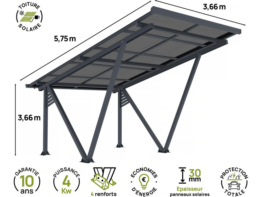 Cochera solar con paneles fotovoltaicos - 366 x 575 x 366 cm - Gris - 4,1 kW