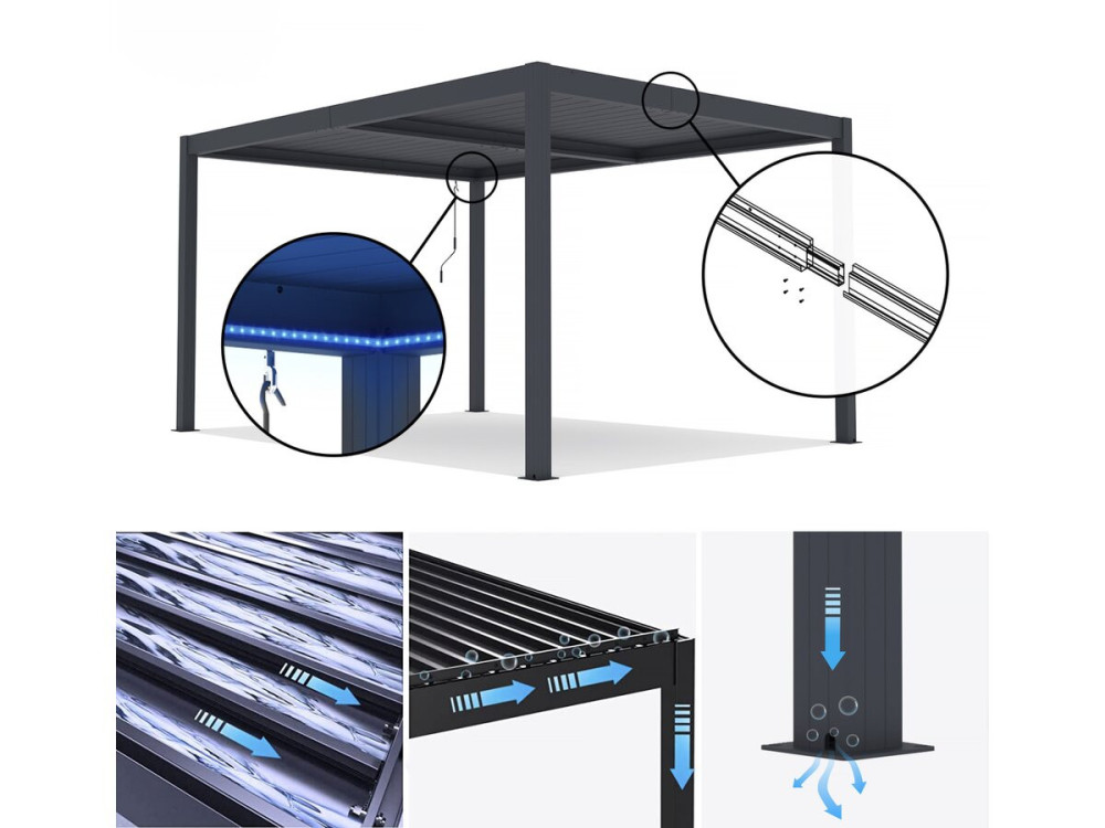 Pérgola bioclimática "Windsor" de aluminio con led 3 x 4 - Gris