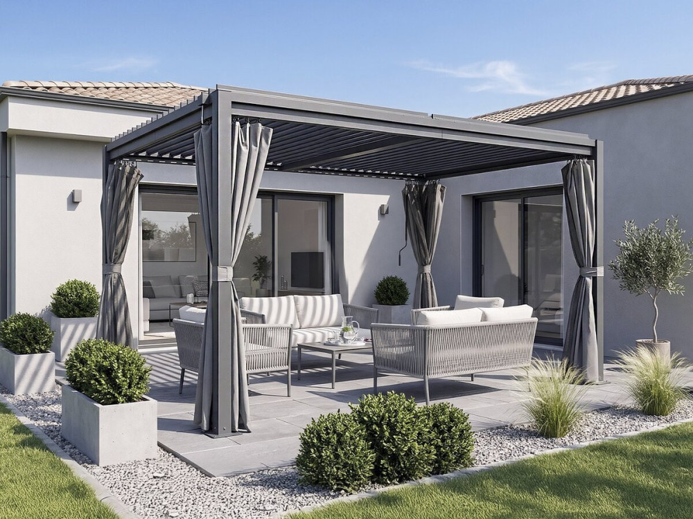 Pérgola bioclimática "Howard" con cortina y mosquitera - 3 x 4 m - Gris